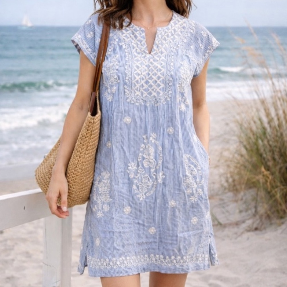 Madison Mathews Blue White Striped Embroidered Tunic Mini Dress